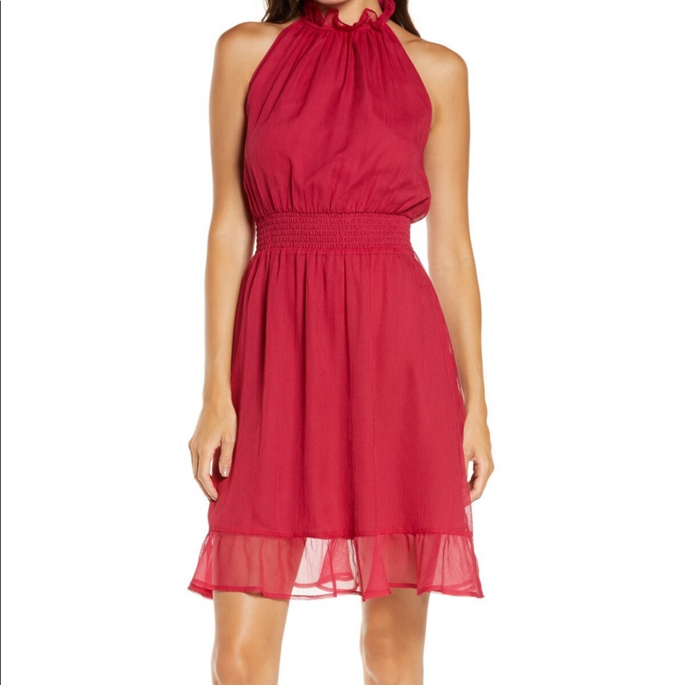 Chelsea28 Pink Cerise High Neck A-line Minidress